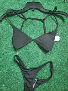 Classic Black Ribbed Triangle Bikini Top & Bottom Set